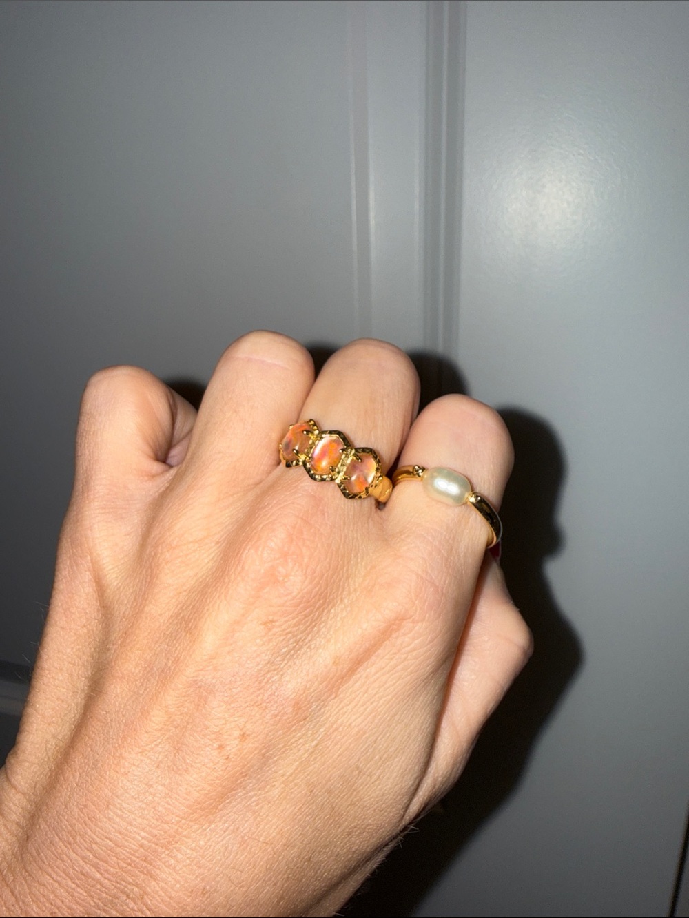 Two Kendra Scott Rings Pearl and Orange Pink Stone, Size 8 and 9